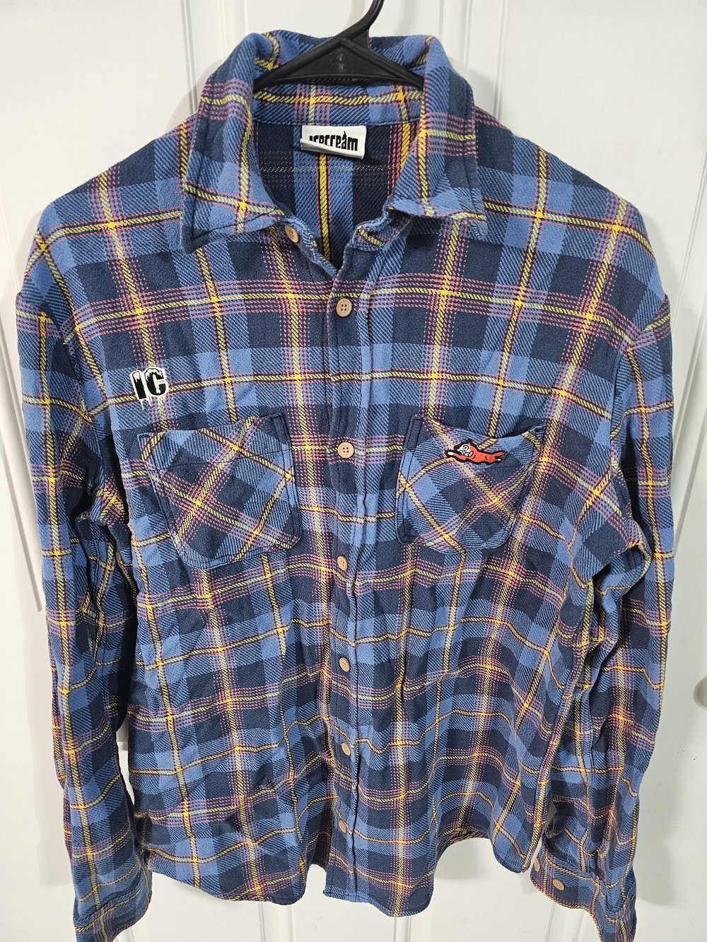 Icecream Men's Blue Plaid Flannel Button-Up Shirt Long Sleeve Pockets